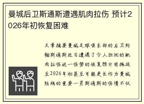 曼城后卫斯通斯遭遇肌肉拉伤 预计2026年初恢复困难 曼城后卫斯通斯遭遇肌肉拉伤 预计2026年初恢复困难