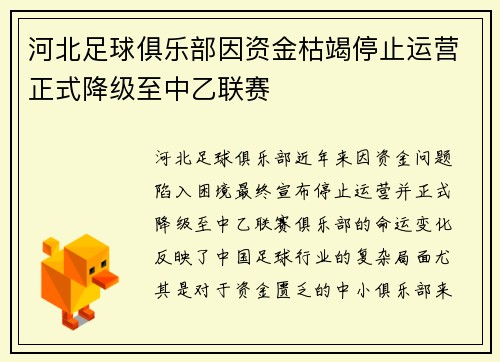河北足球俱乐部因资金枯竭停止运营正式降级至中乙联赛 河北足球俱乐部因资金枯竭停止运营正式降级至中乙联赛